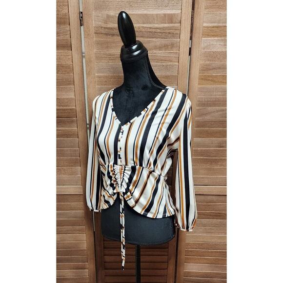Lavish Womens Striped Balloon Sleeve, Front Tie, Cropped Top Size Medium Blouse - Picture 4 of 7